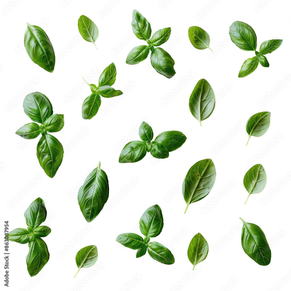 Fototapeta premium A collection of fresh green basil leaves arranged on a transparent background, perfect for culinary, food and herb related projects. 