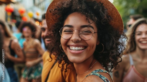 A woman with curly hair and glasses is smiling and wearing a hat