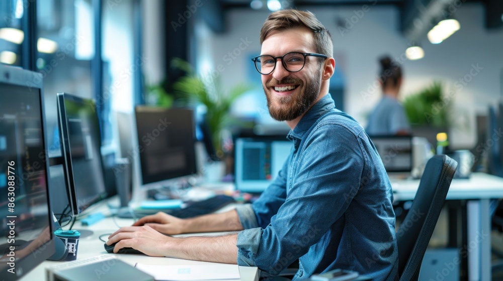 happy programmer man working with computers in office happy programmer man working with computers in office
