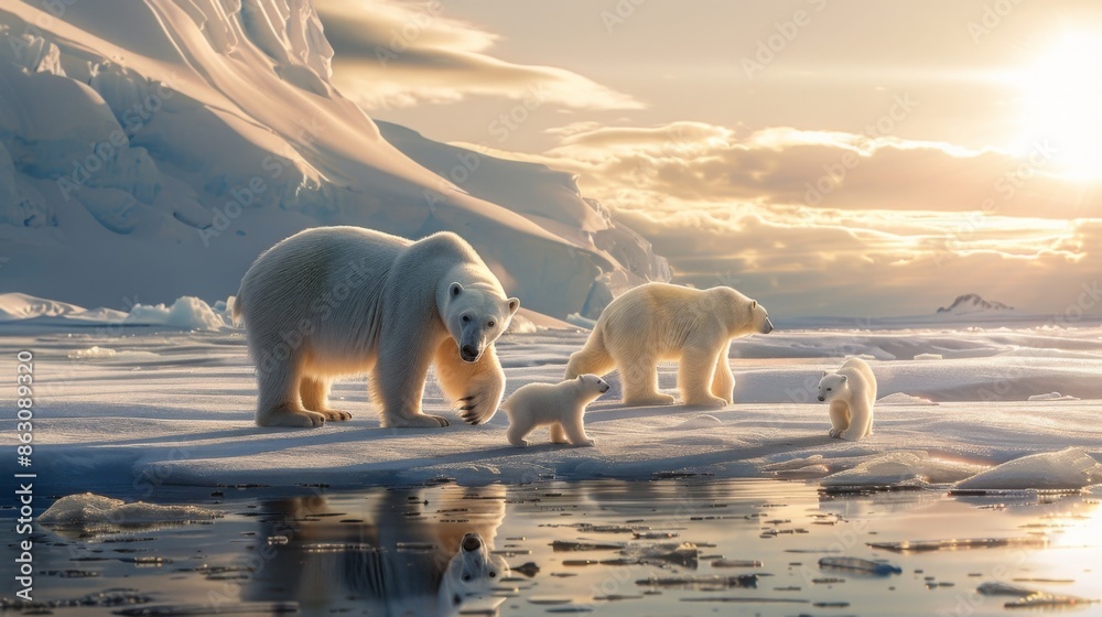Polar bears family walking on ice at sunrise in Arctic landscape ...