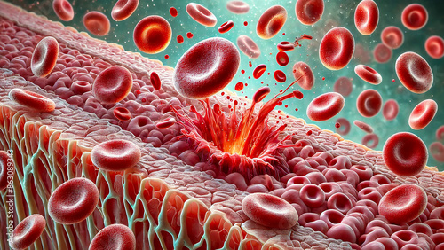 blood platelets repairing a wound.platelets aggregating at the wound site