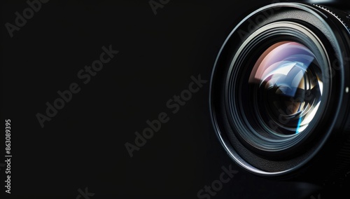 Camera lens with captivating light refraction against a clean dark background