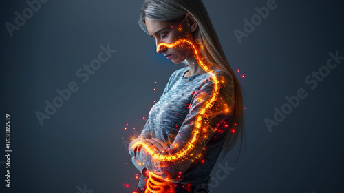 Woman pancreatic insufficiency glowing depiction of the pancreas showing reduced enzyme production photo