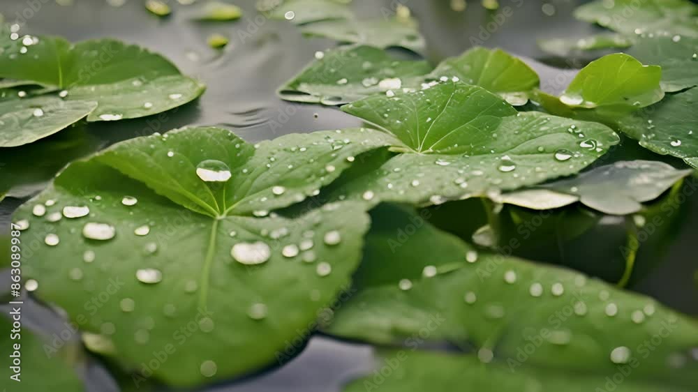 Close up lotus leaf with rain water rolling on the leaf on a rainy day. Water Drops On Lotus Leaf Slow Motion Close up lotus leaf with rain water rolling on the leaf on a rainy day. Water Drops On Lotus Leaf Slow Motion