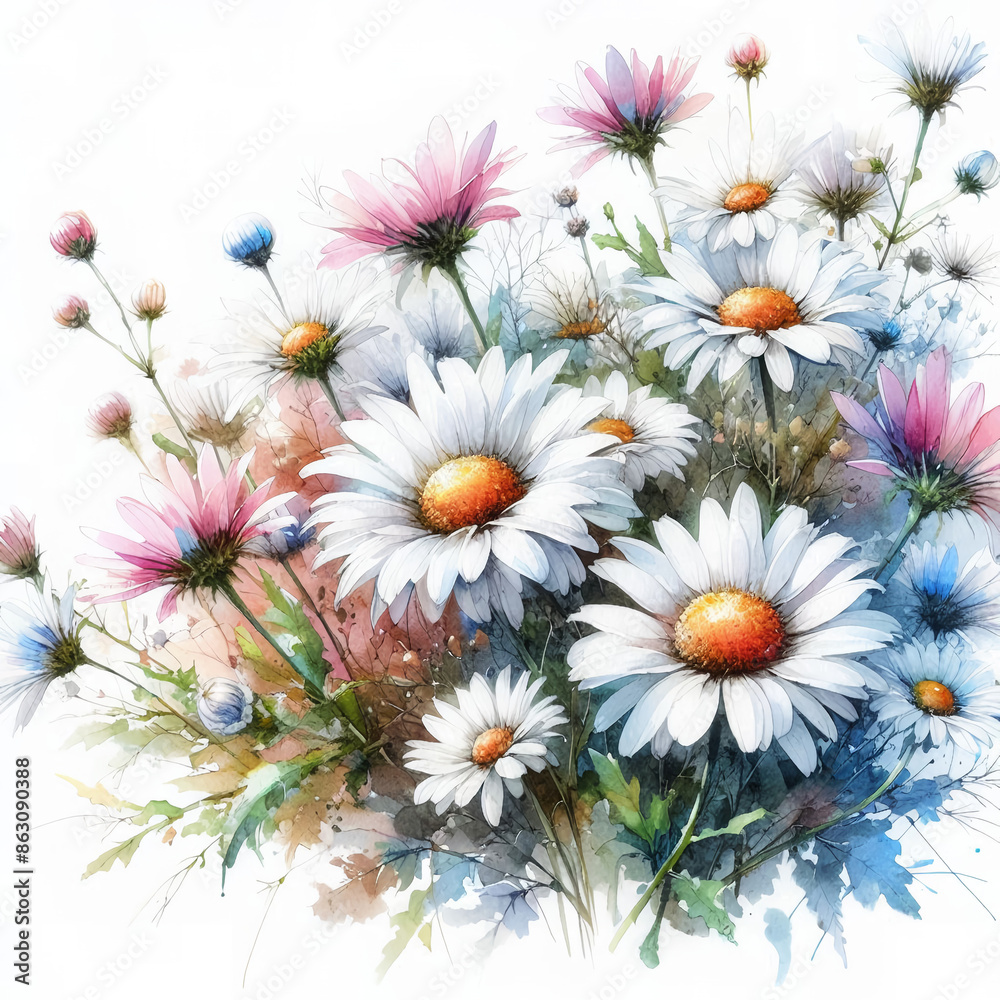 Fototapeta premium 흰 배경, 데이지, 수채화 (White background, daisy, water colour)