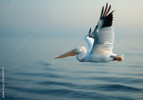 White Pelican Soaring Over Ocean Waves at Sunset