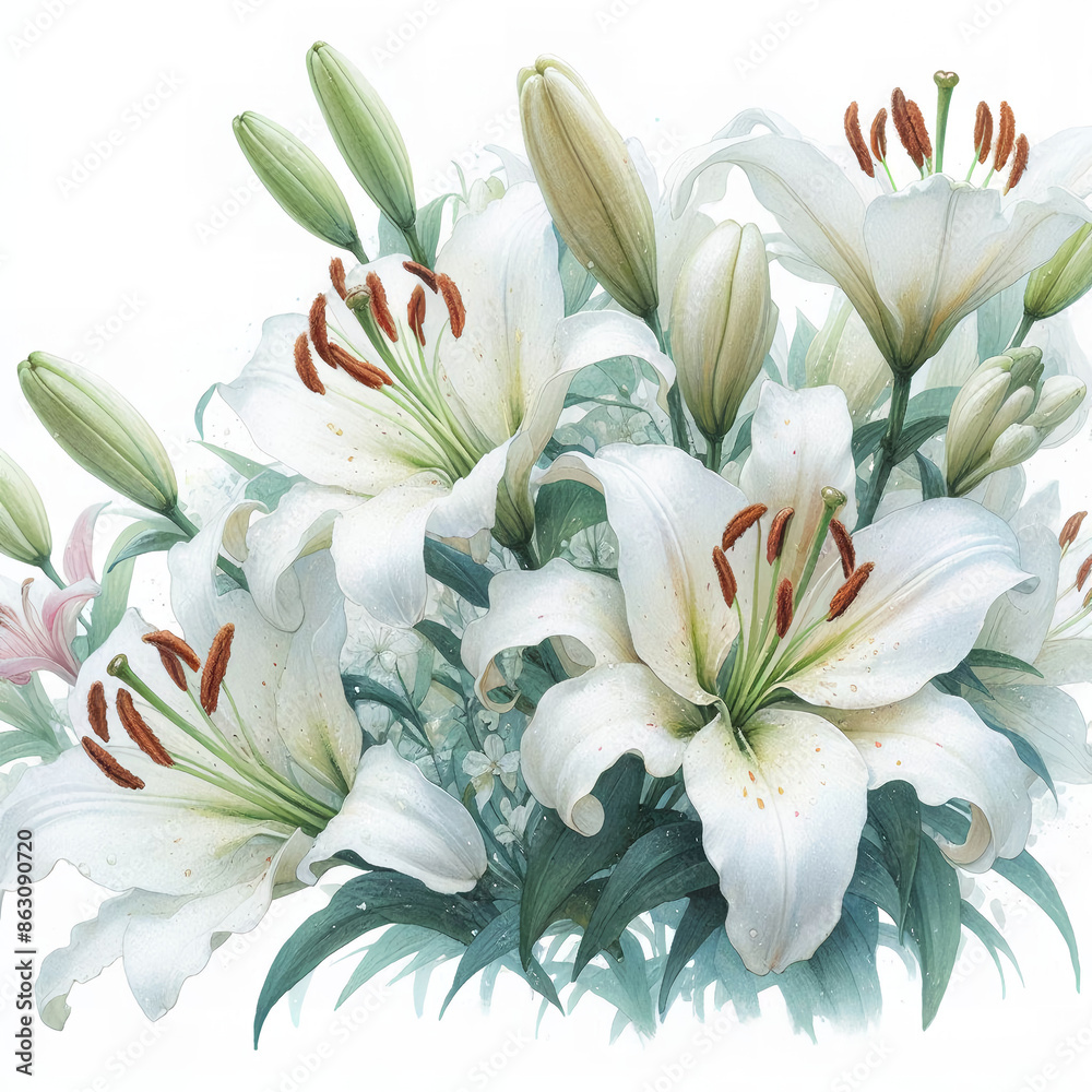 Fototapeta premium 흰 배경, 백합, 수채화 (white background, lily, water colour)