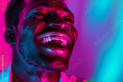 man laughing , in the style of photo-realistic compositions, neon pop, close up, warmcore, emotive faces, photo-realistic hyperbole, in the style of magenta, contemporary candy-coated, high gloss, vib