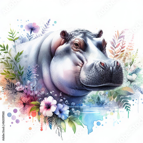 흰 배경, 하마 ,수채화 (white background, hippo, water colour) photo