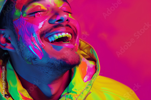 man laughing , in the style of photo-realistic compositions, neon pop, close up, warmcore, emotive faces, photo-realistic hyperbole, in the style of magenta, contemporary candy-coated, high gloss, vib