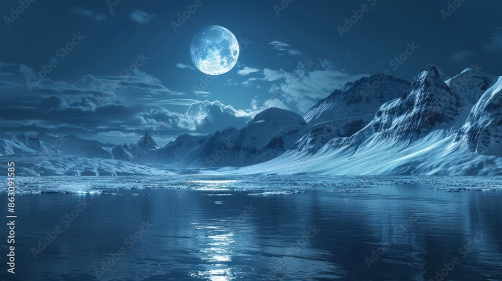 Majestic full moon illuminating frozen mountains and a serene lake ...
