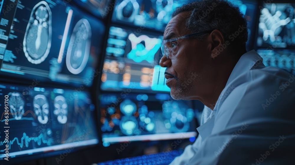 Scientist analyzing brain scans on multiple computer monitors in a futuristic lab, focusing on medical research and technology. Scientist analyzing brain scans on multiple computer monitors in a futuristic lab, focusing on medical research and technology.