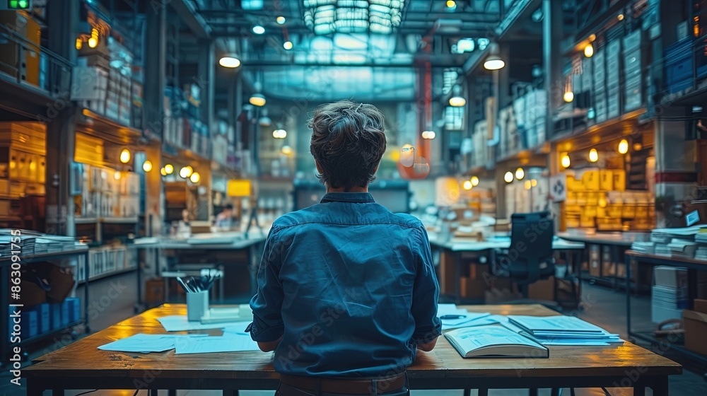A man sits at a desk in a large room with many shelves and boxes. Illuminated workspace amidst rows of stocked shelves A man sits at a desk in a large room with many shelves and boxes. Illuminated workspace amidst rows of stocked shelves