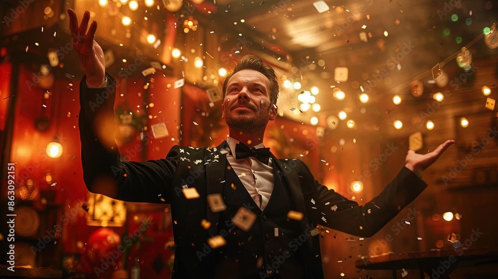 A man in a suit is throwing confetti in the air A man in a suit is throwing confetti in the air