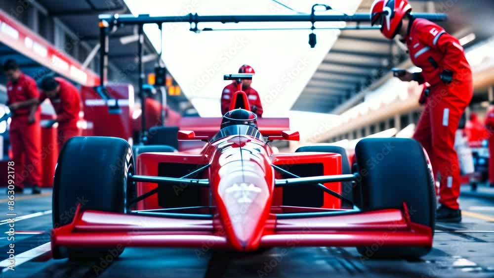 Red Formula 1 Race Car in the Pit Lane. Mechanics in Red Uniforms Prepare for the Race. Motorsport, Teamwork, Speed Concept. High-Performance Race Car in the Pit Stop