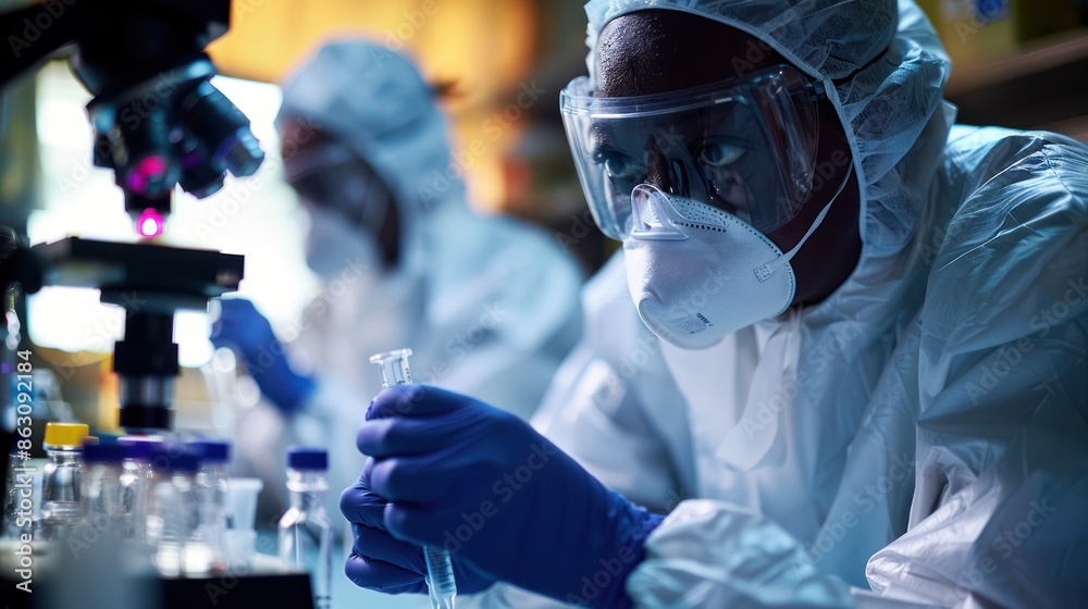 Scientists wearing protective gear conducting experiments in a laboratory, focusing on research and analysis with scientific equipment. Scientists wearing protective gear conducting experiments in a laboratory, focusing on research and analysis with scientific equipment.