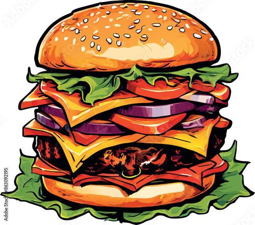 hamburger vector design flat color, Cheese Burger Cartoon Vector, Simple Burger flat illustration Vector