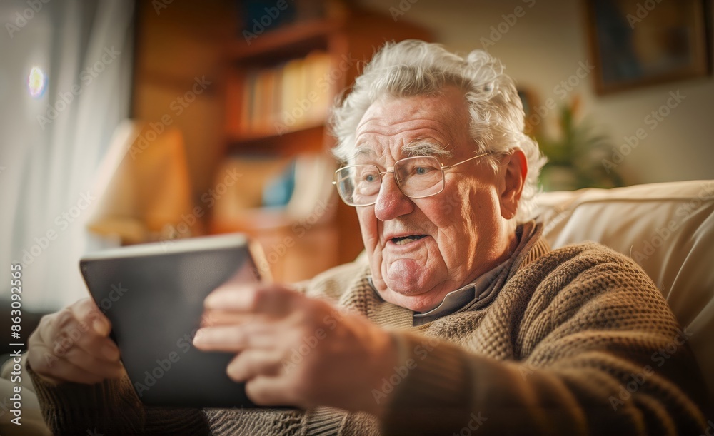 Excited elderly man, wearing glasses, points at his tablet while relaxing on a cozy couch in a warm, homey setting Excited elderly man, wearing glasses, points at his tablet while relaxing on a cozy couch in a warm, homey setting