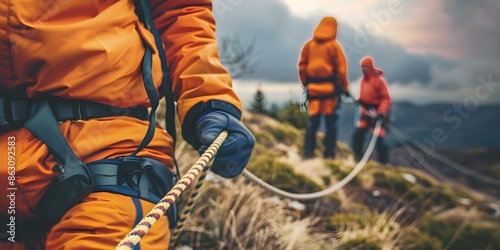 Using Ropes for High-Altitude Rescues in Emergency Situations. Concept Mountaineering, Safety Equipment, Emergency Response, Rope Techniques, High-Altitude Rescue photo