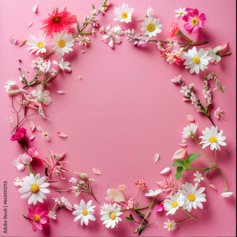 A vibrant wreath made of assorted flowers such as daisies and roses, artistically placed on a bright pink background, reflecting creativity and cheerfulness in nature. A vibrant wreath made of assorted flowers such as daisies and roses, artistically placed on a bright pink background, reflecting creativity and cheerfulness in nature.