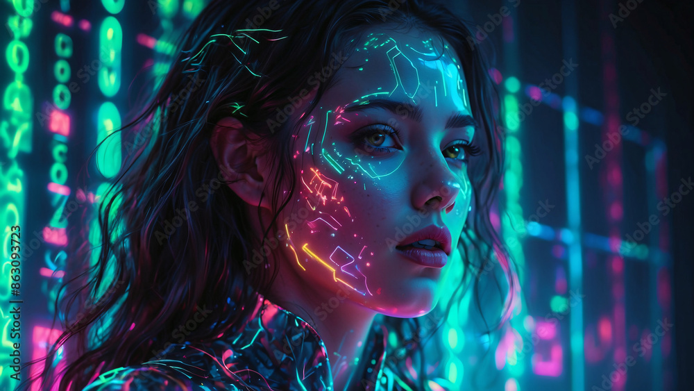Neon Cyber Rhapsody: A Futuristic, Binary-coded Cybernetic Woman Illuminated in a Chromatic Dance of Green, Blue, and Magenta - Crafting a Vivid Cyberpunk Canvas of Light and Code Neon Cyber Rhapsody: A Futuristic, Binary-coded Cybernetic Woman Illuminated in a Chromatic Dance of Green, Blue, and Magenta - Crafting a Vivid Cyberpunk Canvas of Light and Code