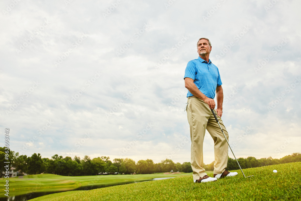 Mature, man and relax on field for golf with ball for improve balance, coordination and retirement leisure with thoughts. Golfer, club and play on grass for activity, mobility and outdoor sport. Mature, man and relax on field for golf with ball for improve balance, coordination and retirement leisure with thoughts. Golfer, club and play on grass for activity, mobility and outdoor sport.