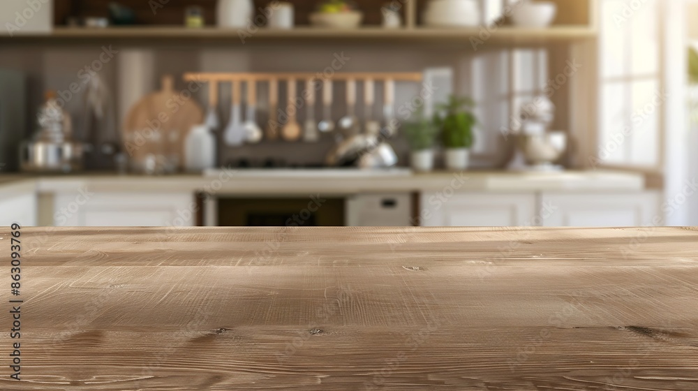 beautiful brown wood table top kitchen interior background and blurred defocused with daylight flare bokeh product montage display : Generative AI beautiful brown wood table top kitchen interior background and blurred defocused with daylight flare bokeh product montage display : Generative AI