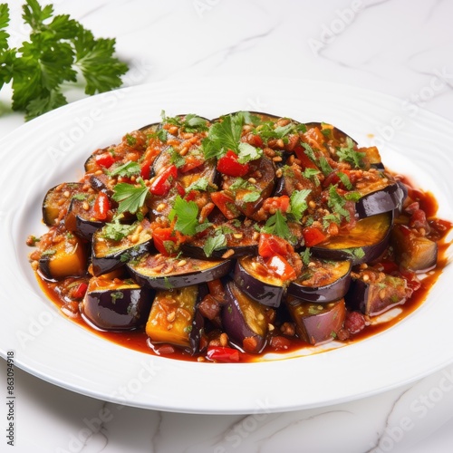 Delicious Baingan Bharta Eggplant Dish Garnished with Fresh Herbs photo