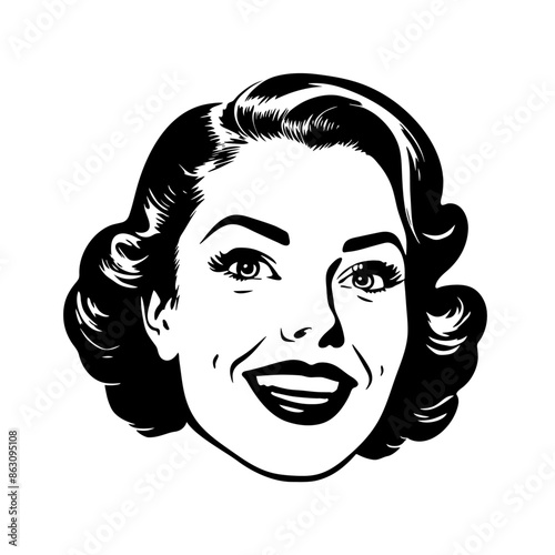 Vintage style illustration of a lovely lady. Black and white clip art.