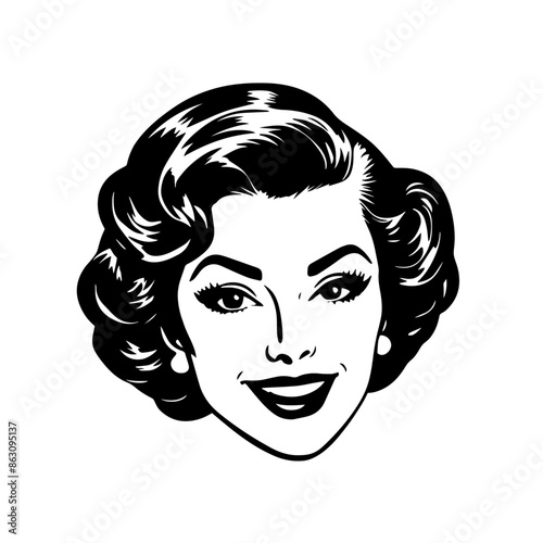 Vintage style illustration of a lovely lady. Black and white clip art.