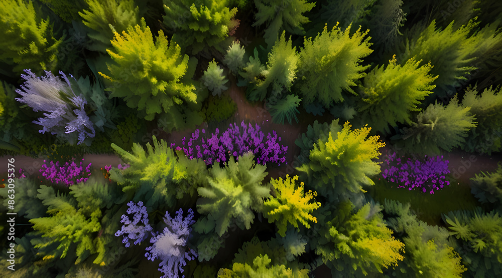 Obraz premium Aerial view of a forest in spring, with blooming wildflowers adding splashes of color among the fresh green leaves