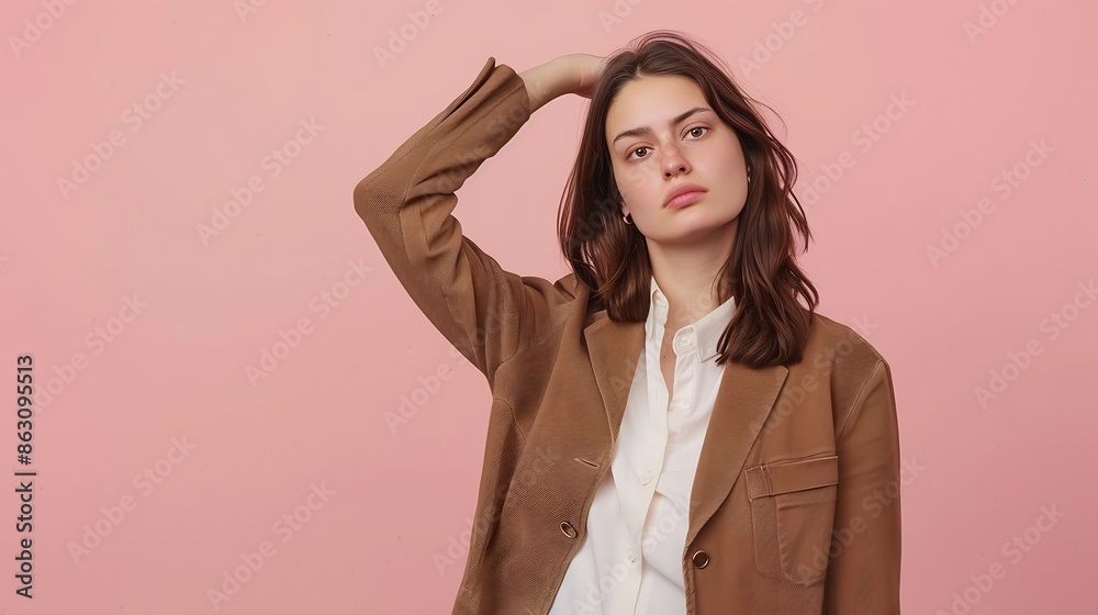 Young thoughtful pensive minded puzzled confused employee business woman 30s she wear casual brown classic jacket prop up head forehead isolated on plain pastel light pink background s : Generative AI Young thoughtful pensive minded puzzled confused employee business woman 30s she wear casual brown classic jacket prop up head forehead isolated on plain pastel light pink background s : Generative AI