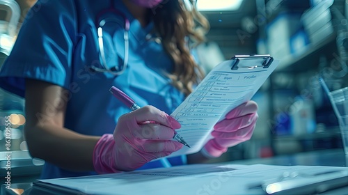 Healthcare professional meticulously records patient data during night shift