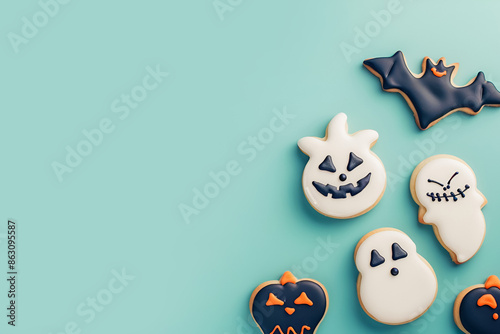 Top view of Halloween festive cookies with frosting