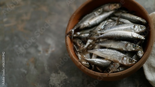 Whitebait or baby anchovy fish or teri nasi in Indonesia Placed inside brown plate whitw background : Generative AI photo