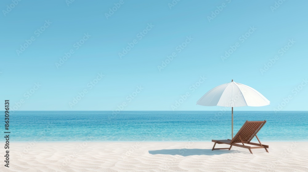 Comfortable chaise lounge with a sun umbrella on a beautiful sandy beach, calm blue sea and sunny skies creating the ideal beach retreat Comfortable chaise lounge with a sun umbrella on a beautiful sandy beach, calm blue sea and sunny skies creating the ideal beach retreat