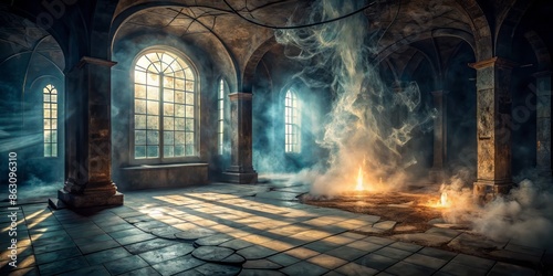 Mysterious dark room with cracked stone floor illuminated by ethereal light  enveloped in swirling smoke  evoking an atmosphere of mystical abandonment and ancient secrets.