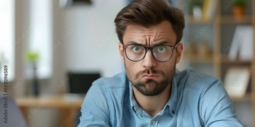 Man wearing glasses expresses shock and disappointment after facing rejection at work. Concept Emotions, Rejection, Workplace, Disappointment, Shock Man wearing glasses expresses shock and disappointment after facing rejection at work. Concept Emotions, Rejection, Workplace, Disappointment, Shock