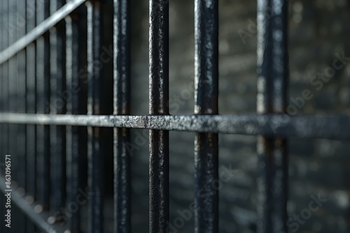 Detailed close-up shot of weathered prison bars in a dimly lit setting, representing confinement, isolation, and the harsh reality of life behind bars.