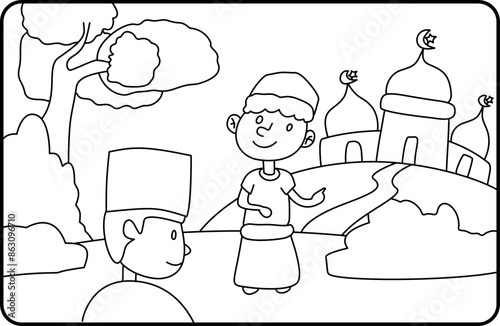 vector black and white coloring page about a boy inviting his friend to the mosque
