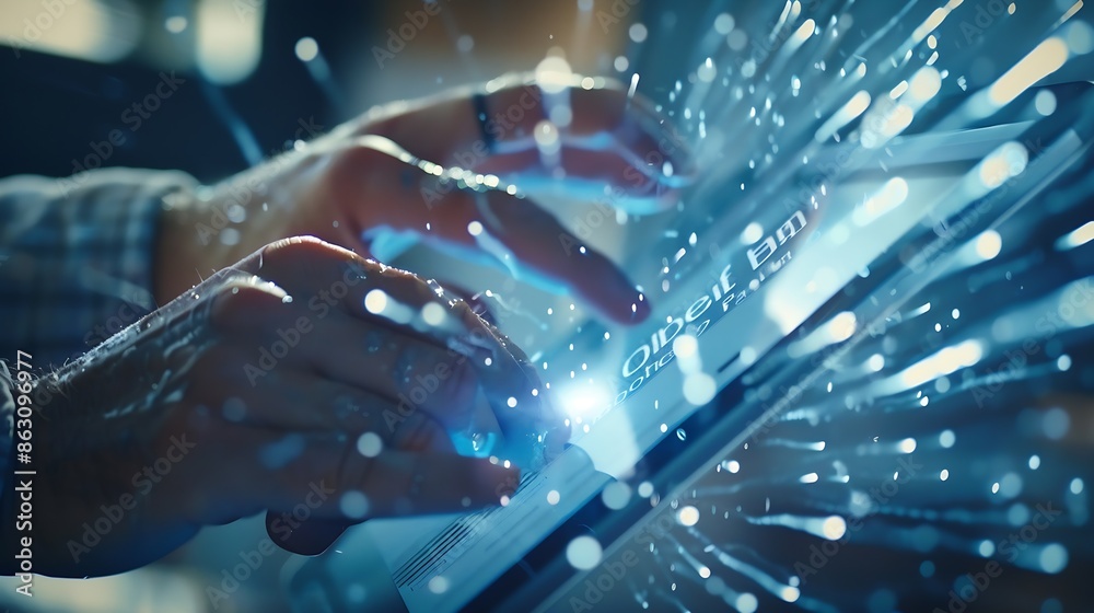 Businessman using virtual touchscreen presses inscription ONLINE VS