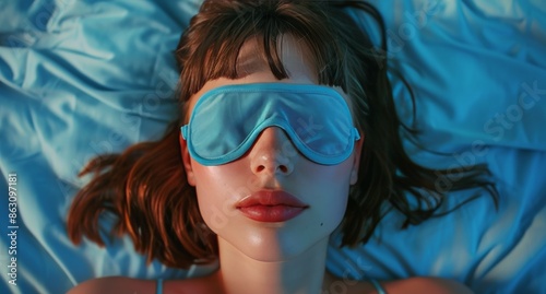 Woman Sleeping With Blue Sleep Mask In Bed