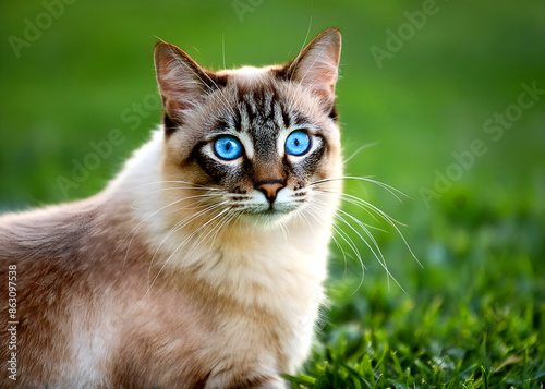 blue eyed fluffy cat on green grass 