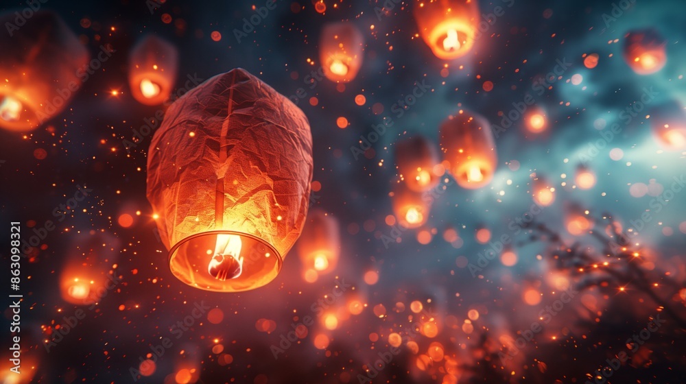 Floating Lanterns Against A Night Sky Floating Lanterns Against A Night Sky