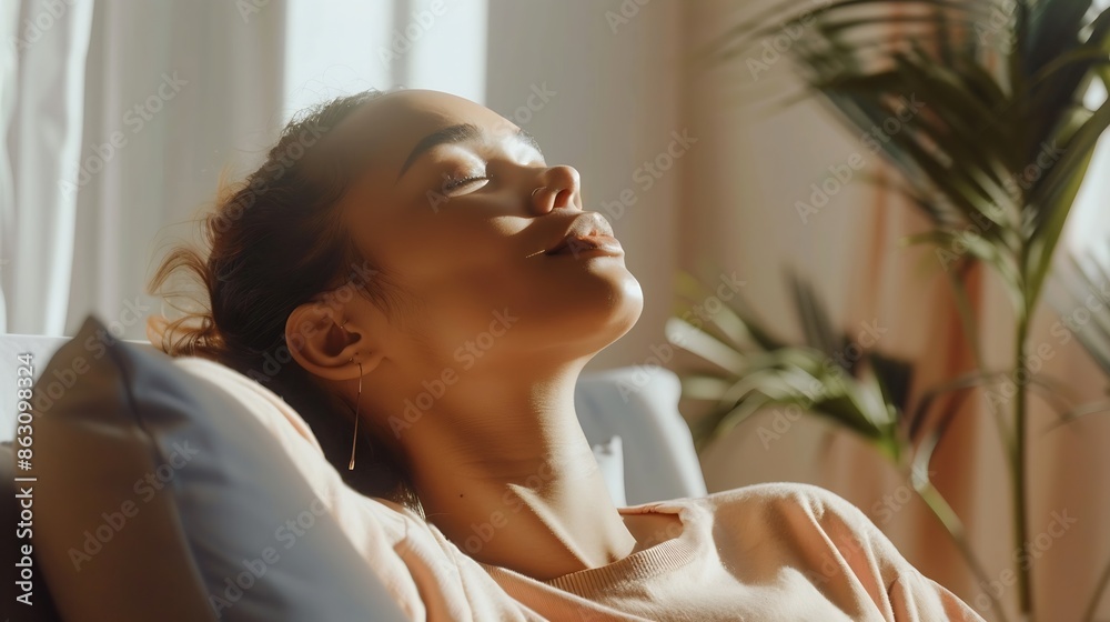 Calm leisure Content young woman spending time at home alone sitting on sofa with eyes closed in delight breathing fresh cool air because of working conditioner giving face to sunlight : Generative AI Calm leisure Content young woman spending time at home alone sitting on sofa with eyes closed in delight breathing fresh cool air because of working conditioner giving face to sunlight : Generative AI