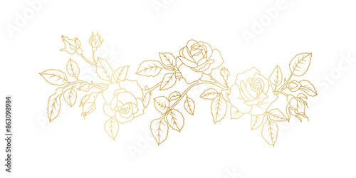 Golden rose flowers line art isolated on white background. Luxury roses floral design elements for invitation, wedding, wallpaper, print template, vector illustration