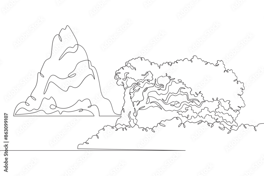 Fototapeta premium High mountain. Beautiful lonely tree on the shore. Rocky island. Mountain near a lake. Landscape. One continuous line drawing on a white isolated background. Minimalism linear illustration.