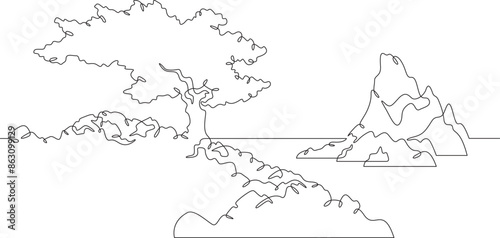 High mountain. Beautiful lonely tree on the shore. Rocky island. Mountain near a lake. Landscape. One continuous line drawing on a white isolated background. Minimalism linear illustration.