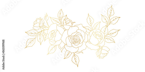 Golden rose flowers line art isolated on white background. Luxury roses floral design elements for invitation, wedding, wallpaper, print template, vector illustration