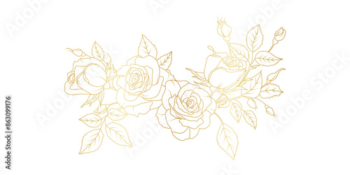 Golden rose flowers line art isolated on white background. Luxury roses floral design elements for invitation, wedding, wallpaper, print template, vector illustration